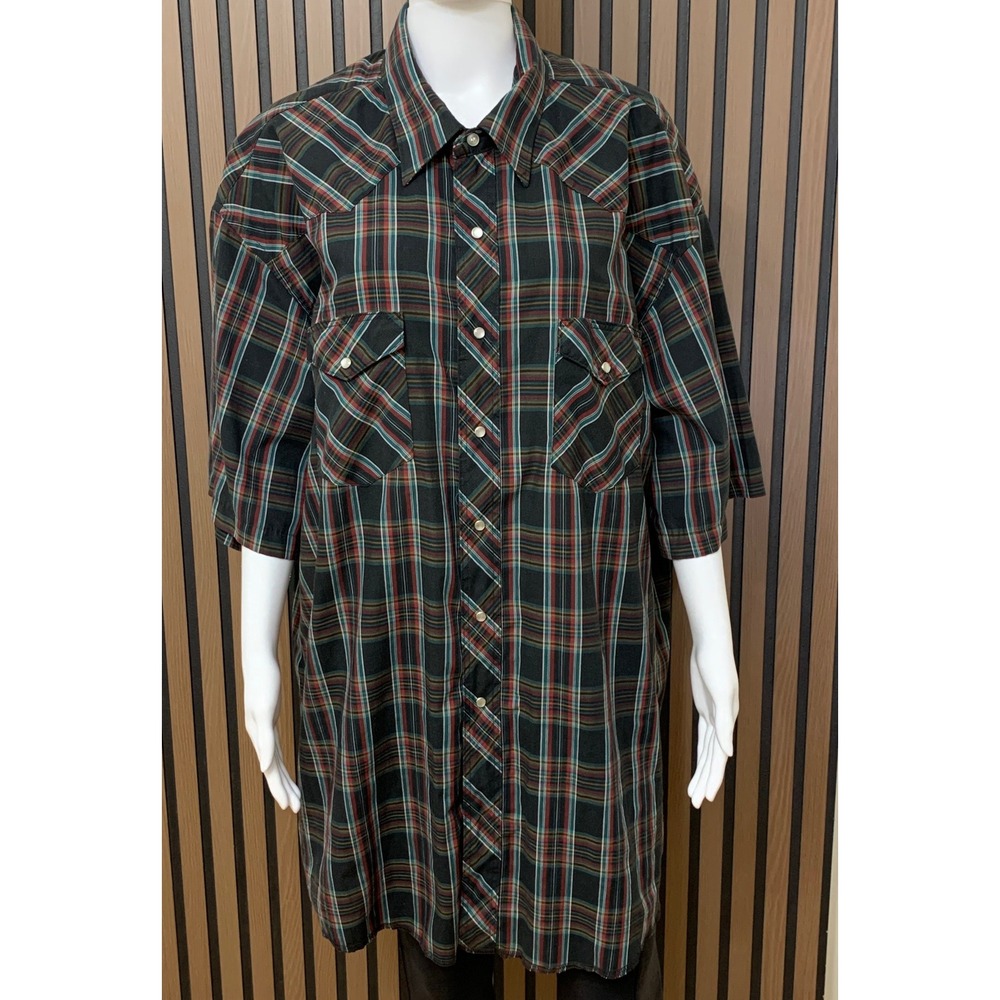Wrangler Western Shirt Men's 19 Tall X-Long Tails Plaid Pearl Snap Short Sleeve